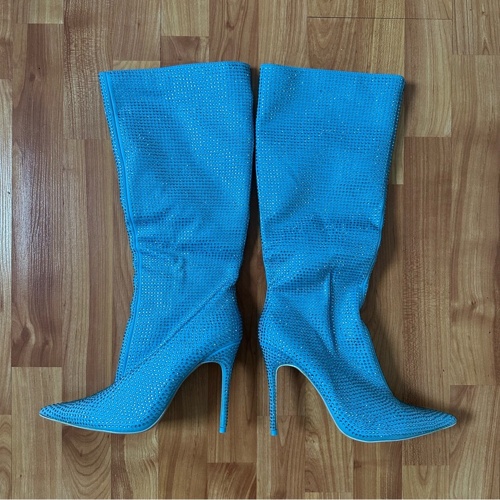 Crystal-Embellished Knee-High Boots by Public Desire